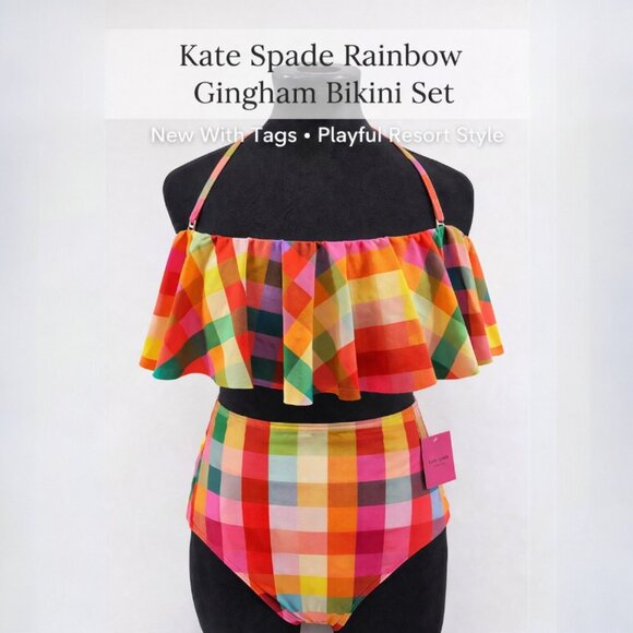 kate spade Other - Kate Spade Rainbow Gingham Bikini Set Ruffle Top High Waist Bottom NWT
